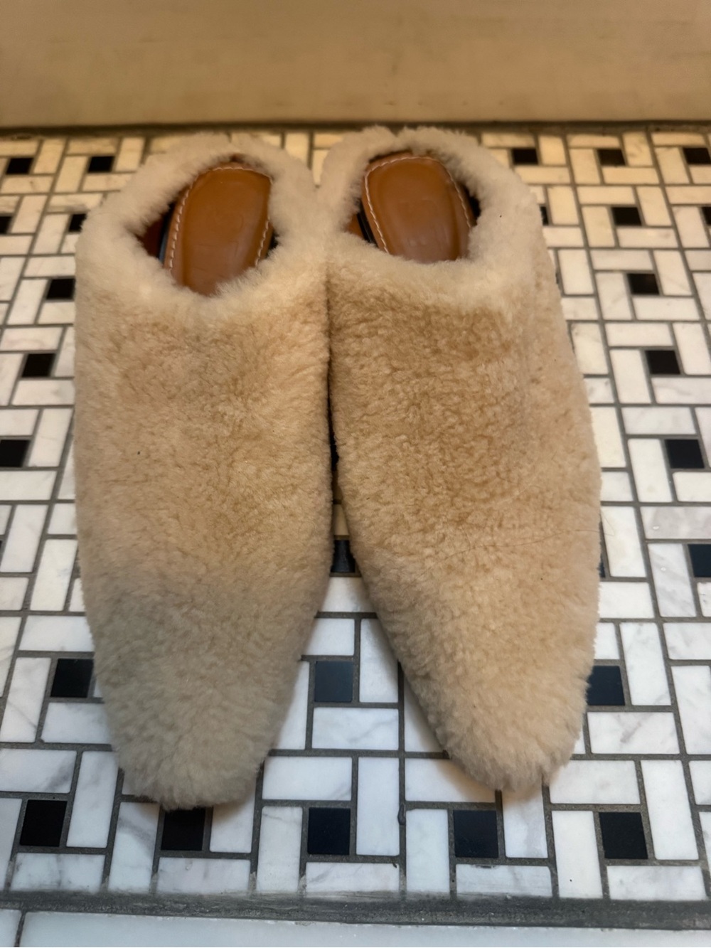 STAUD Cream Shearling Pointed-Toe Mule